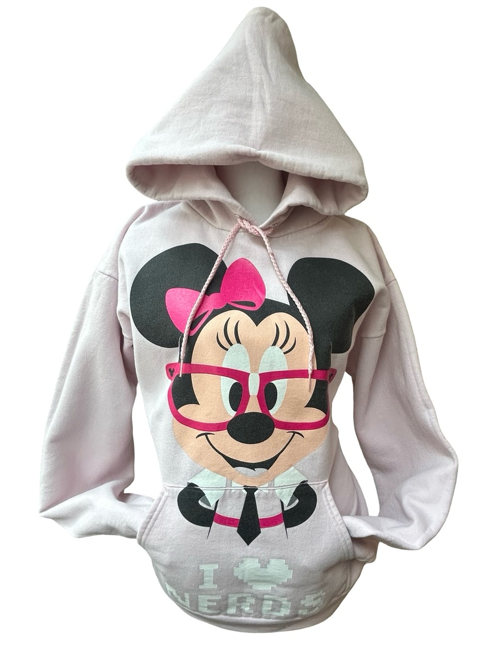 VTG Y2K Disneyland resort Minnie Mouse graphic hoodie pastel pink I love nerds M
